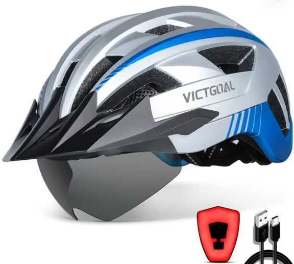 Kask rowerowy VICTGOAL z goglami światłem LED r. XL 59-63 cm srebrno-niebieski