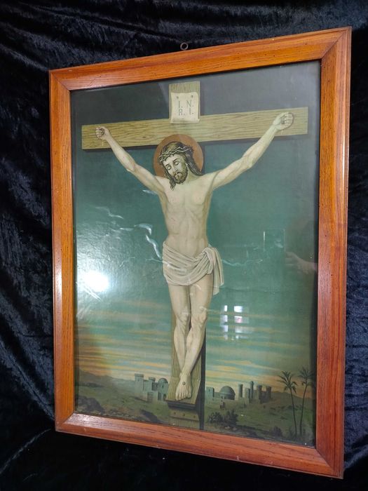 Stary duży obraz Jezus na krzyżu oleodruk OS1009