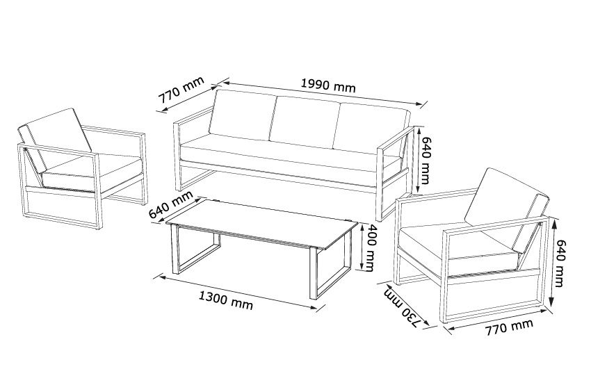 Zestaw Vonge  narożnik trzy osobowa sofa fotel  i stół z regulacją.