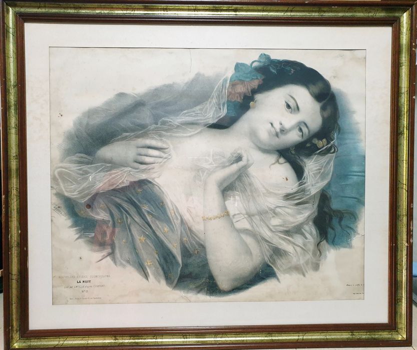 Lindissima antiga litografia francesa "mulher sensual" emoldurada