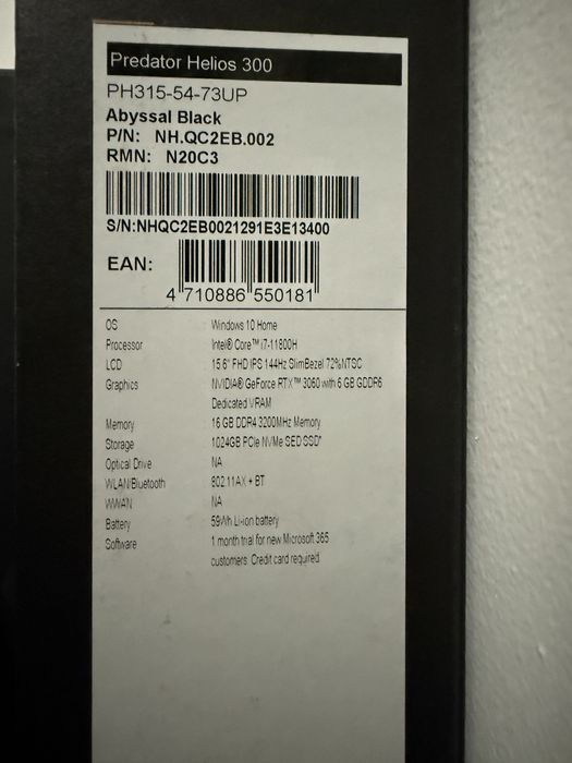 Portátil Gamer Acer Predator Helios 300 – i7 11ª Gen | RTX 3060 6GB