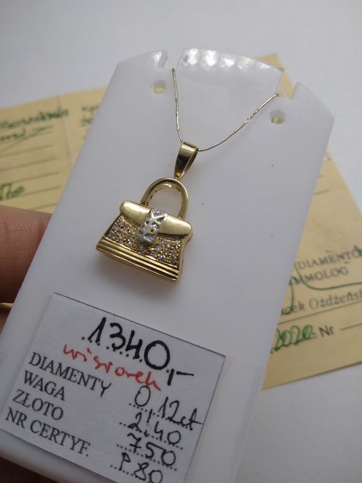 Złoty wisiorek z diamentami Torebka złoto 750   186