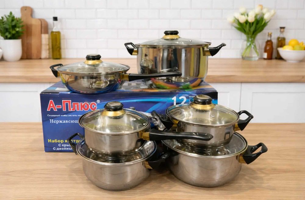 Набір каструль / набор кастрюль - з нержавіючої сталі 12 предметів 6в1
