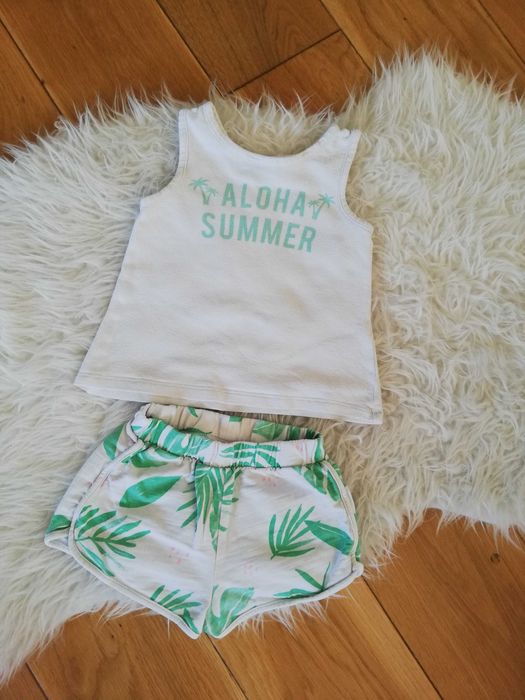 ZARA komplet biało zielony liście top + spodenki r. 86 cm 12-18m.