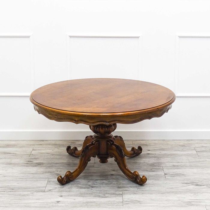 Antyk NISKI Stolik ŁAWA drewniana LUDWIK Orzech Okrągły Stolik lata 50