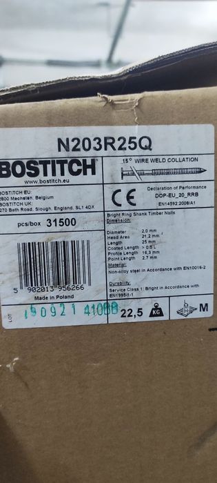 Gwoździe bębnowe BOSTITCH N203R25Q 2.03x25mm – 31.000szt. NOWE
