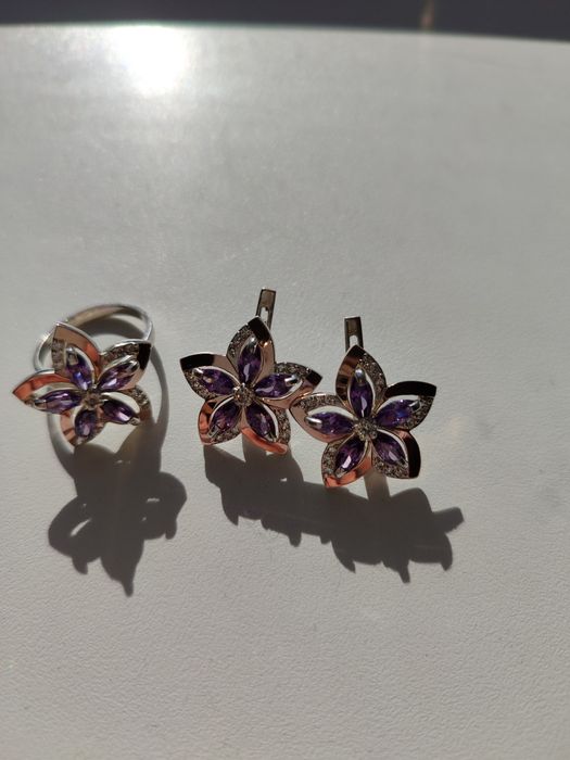 Набір колечко 17-17,5 та кульчики срібло із золотими пластинами