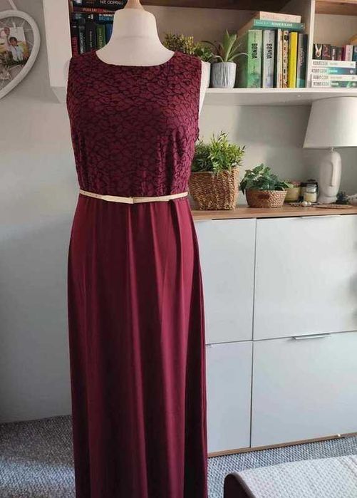 Bordowa sukienka maxi z koronką + złoty pasek 44/46
