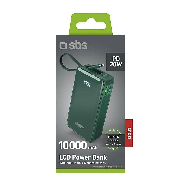 Powerbank SBS 10000 mAh 20W z wbudowanym kablem USB-C i wyświetlaczem