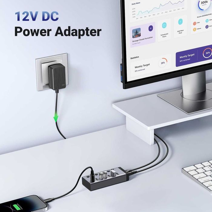 USB-хаб для USB-A USB 3.0 7 портов UGREEN для ноутбука с доп. питанием