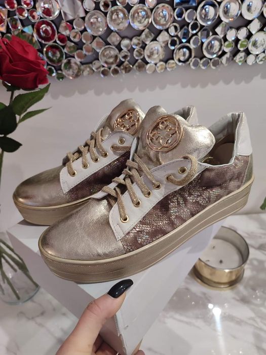 Piękne espadryle sportowe naturalna skóra złote srebrne 39