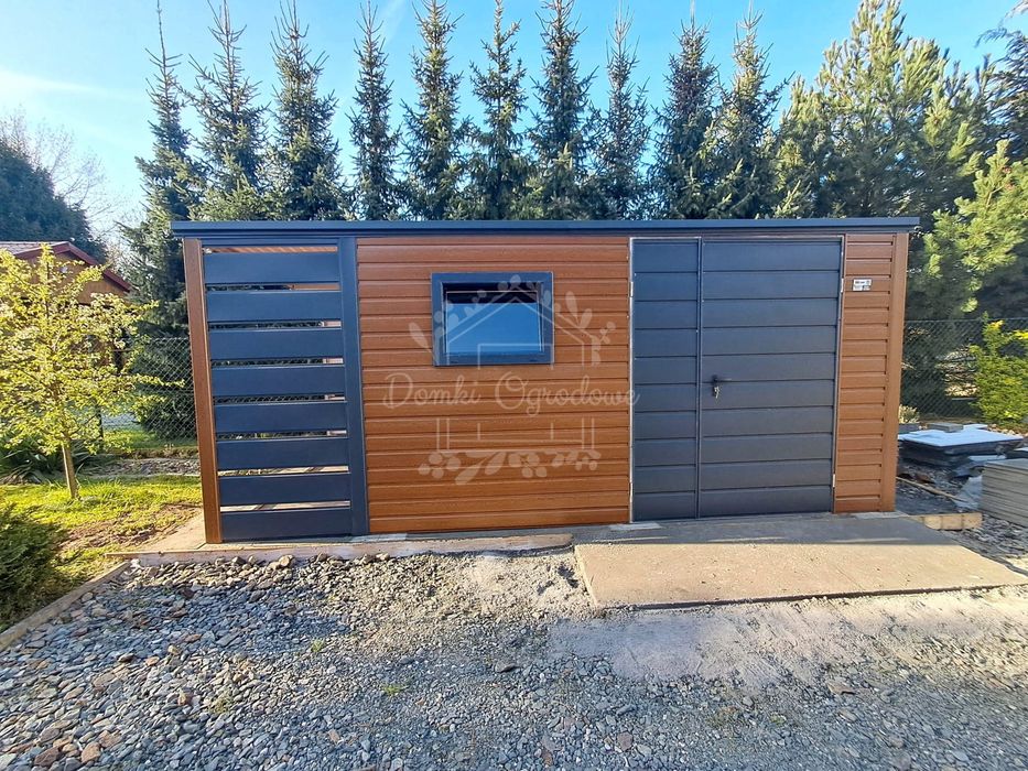 Schowek - domek ogrodowy 4x2,5m + wiata 1m  drewnopodobny ID1019