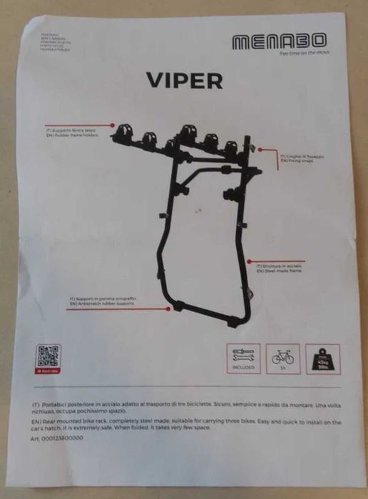 Suporte de bicicletas novo para automóvel - Menabo Viper.