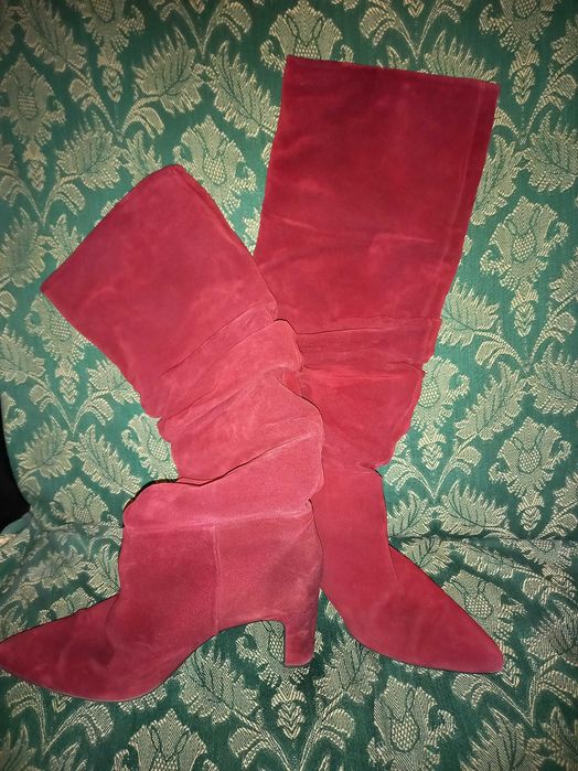 Buty kozaki bordowe z zamszu i skóry