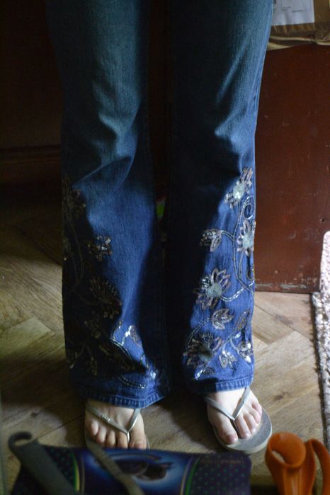 Jeansy vintage rozszerzane złote kwiaty cekiny 38-40 M/L