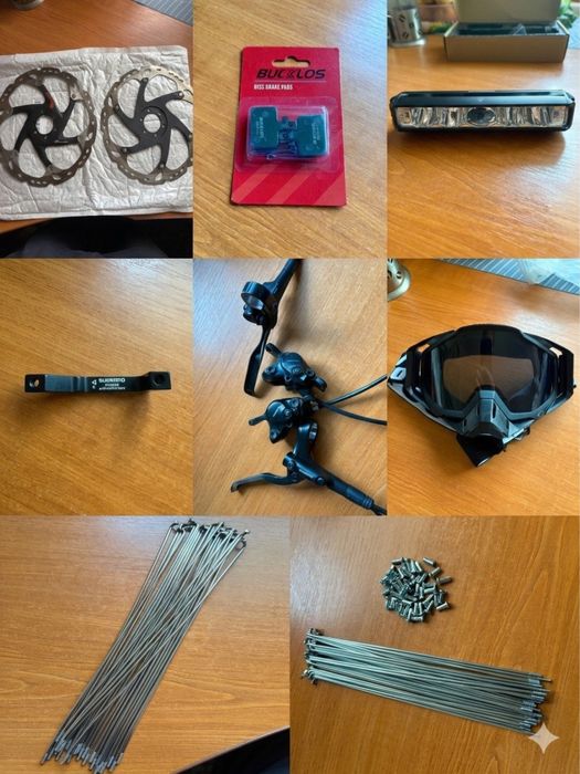 Велозапчастини: Shimano XT,  ротори 203мм, фара, маска, шпиці, переходнік