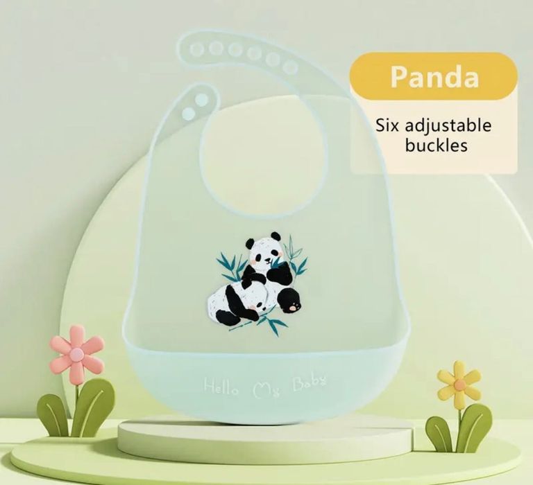 Silikonowy śliniak do karmienia, z kieszenią, miętowy Panda Nowy