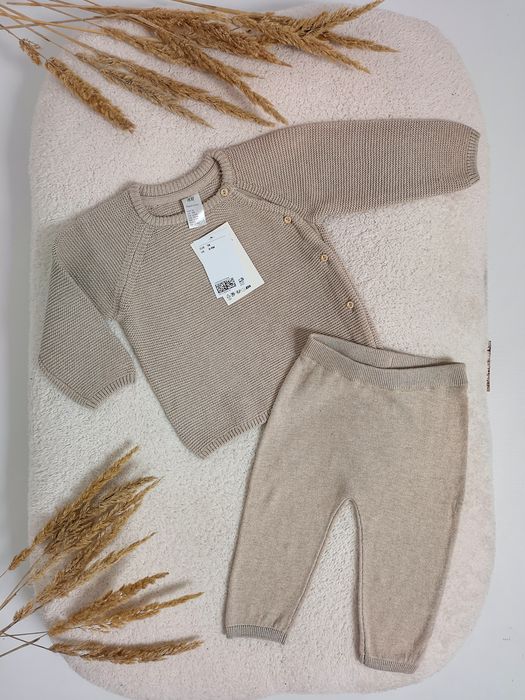 Nowy Komplet H&M roz. 74 z metką, Sweterek i spodnie, Bawełna, Beż
