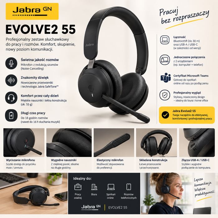 Jabra Evolve 2 55 sluchawki nauszne bezprzewodowe bluetooth
