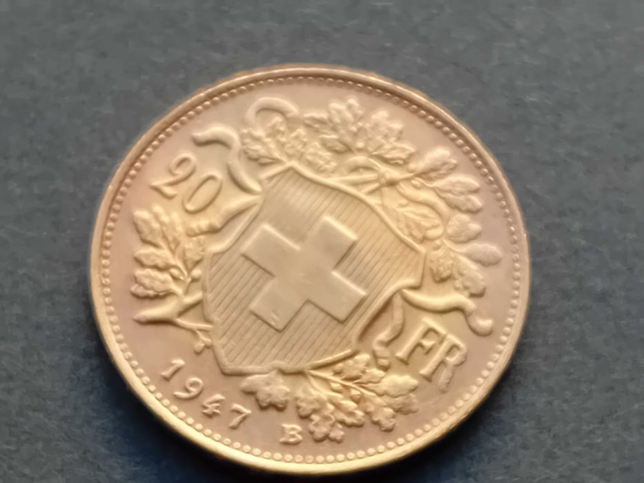 moeda 20 francos Suiços ouro 1947