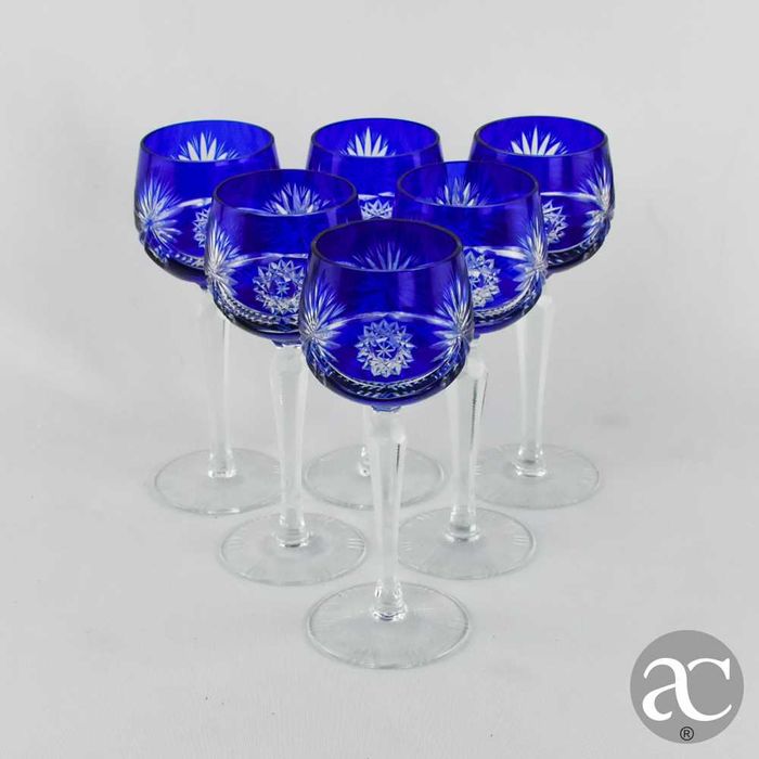 Conjunto de 6 Copos Cristal Doublé, Cristal da Bohemia, azul-cobalto