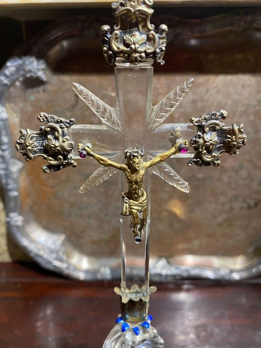 Crucifixo Cristal Cristo Ouro séc XVII 31 cm  Relicário Arte Sacra