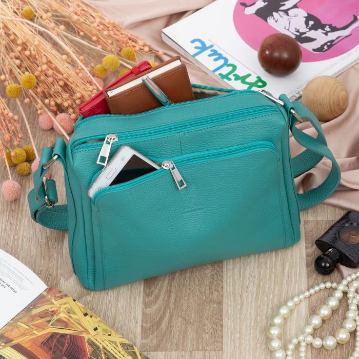 VERA PELLE torebka skórzana listonoszka z paskiem V535 turkusowa