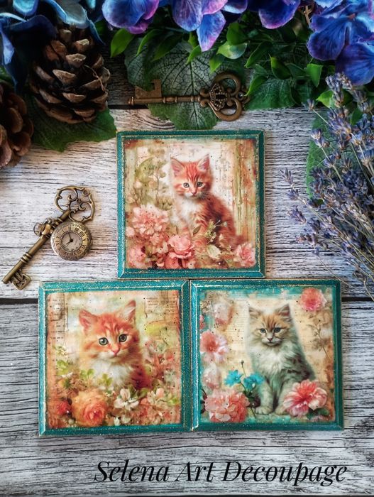 Ozdobne podstawki z kotkami vintage farmhouse shabby chic decoupage