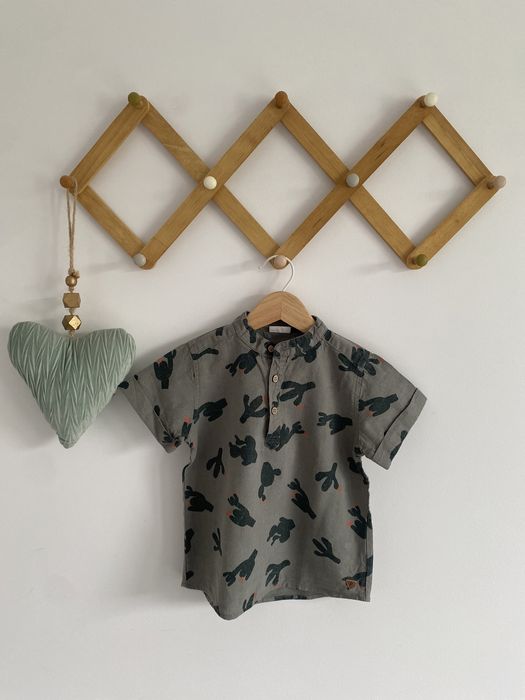 Koszula letnia pompdelux 92 len bawełna zielona w kaktusy