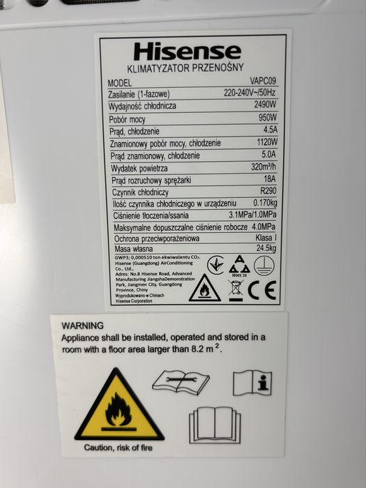 Klimatyzator przenośny Hisense VAPC09 2,5 kW 9000 BTU – pilot + zestaw okienny