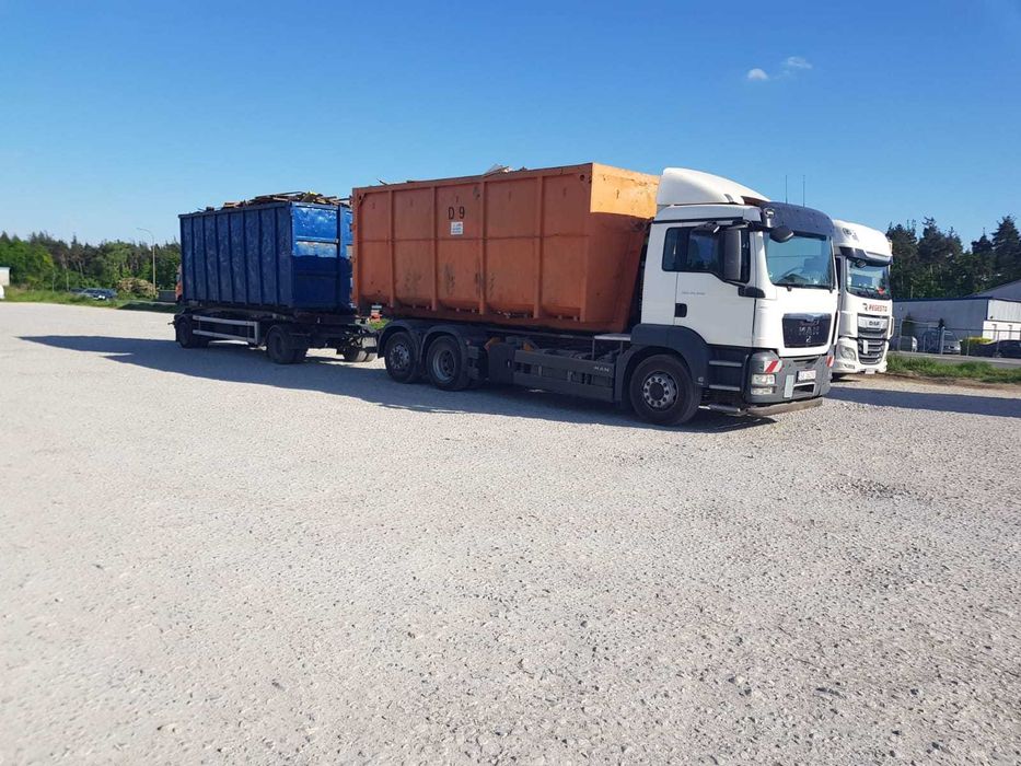 Transport złomu hakowiec z przyczepą HDS przewóz kontenerów Utylizacja