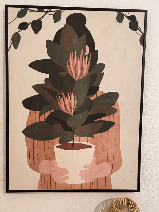 Vendo mobília/recheio de quarto completo. Cama, colchão, mesa de cabeceira, comida, quadro/tela, decoração têxtil de parede, candeeiro de mesa.