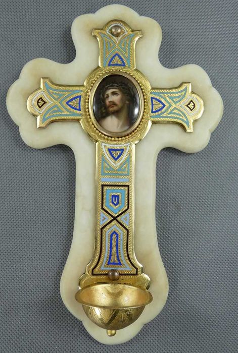 KROPIELNICA krzyż alabaster emalia JEZUS porcelana 25 cm