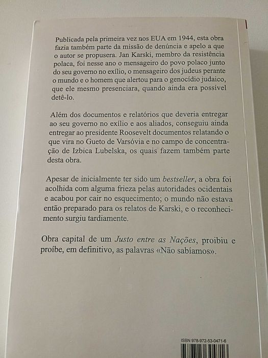 O Meu Testemunho Perante o Mundo, de Jan Karski  PORTES GRÁTIS