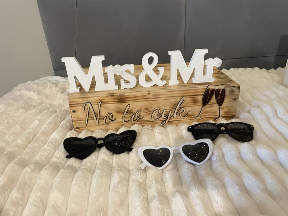 Drewniana podstawka pod alkohol / okulary weselne / MR & MRS / ślub