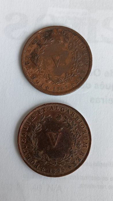 2 moedas cobre 1867 e 1875 D.Luís I .V réis