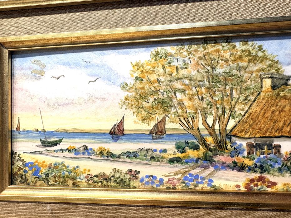 Linda pintura de paisagem francesa  sobre azulejo assinada Youen