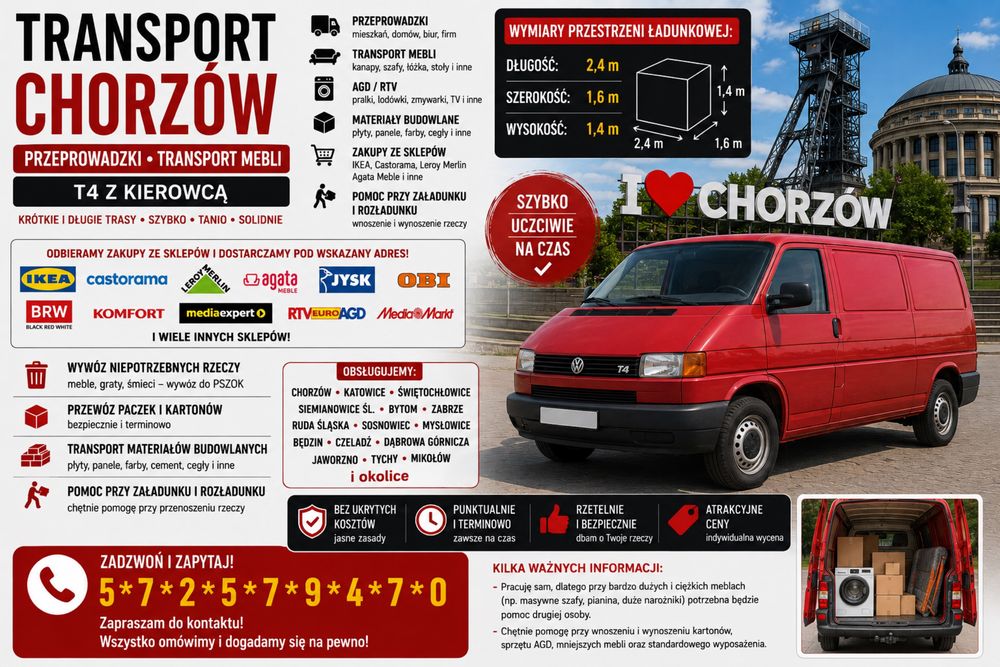 Transport Chorzów | Przeprowadzki | Transport Mebli | T4 z Kierowcą | IKEA | Castorama | Leroy Merlin | AGD | Katowice | Bytom