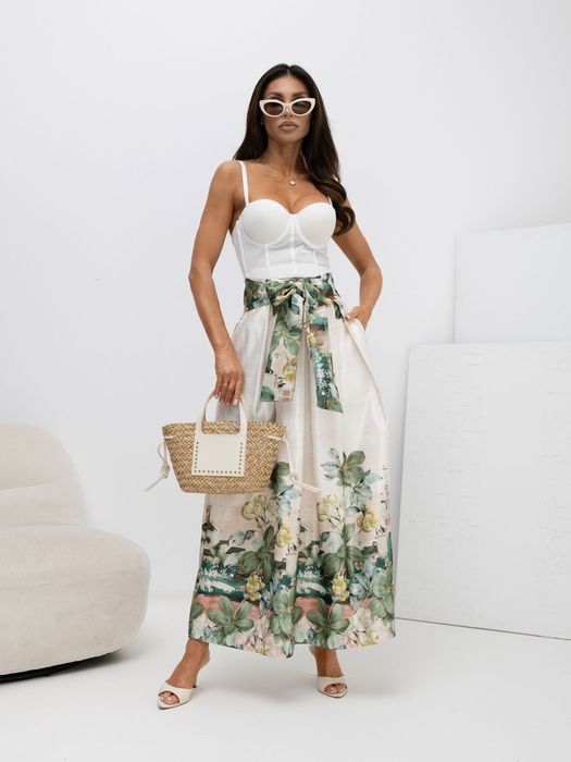 Spódnica Damska Ciemnozielona Midi w Kwiaty z Paskiem MAYA Elegancka Rozkloszowana Lato Casual