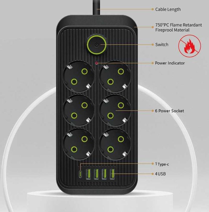Сетевой фильтр-удлинитель с предохранителем 6 розетками 4 USB,1 Type-C тройник, переноска 2500 Вт Черный