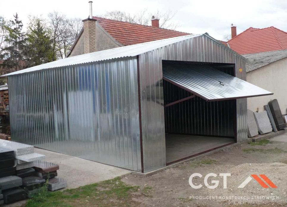 Garaż blaszany 4×6 | dwuspadowy | ocynkowany z bramą uchylną