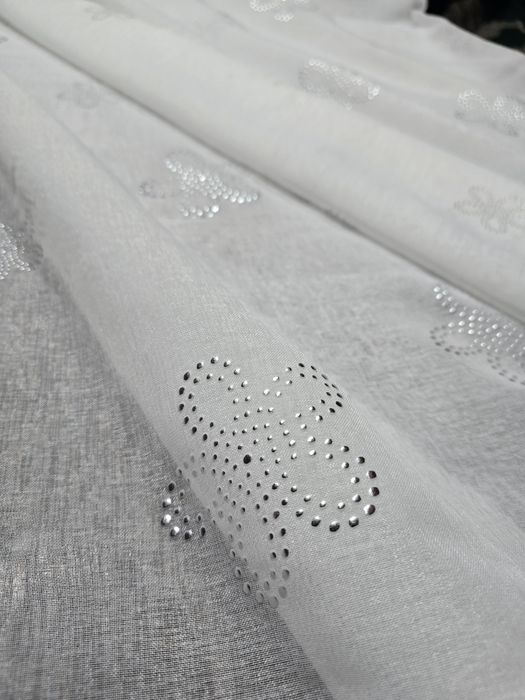 Firanki z metra BATYST biały+srebrne kwiatki+Obciążnik WYPRZ