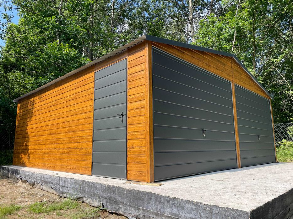 Garaż blaszany 6x5.8, złoty dąb. KONSTRUKCJA OCYNK. PRODUCENT.
