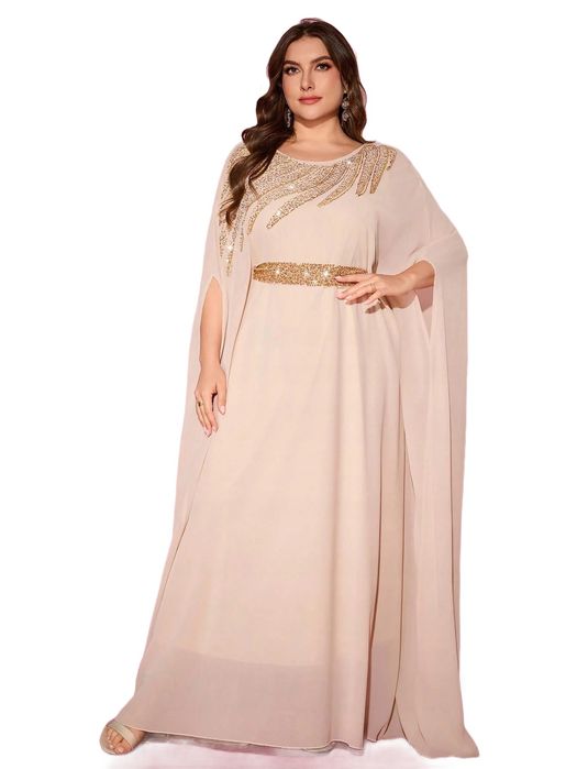Shein beżowa sukienka wieczorowa plus size z cekinami 48 11ma