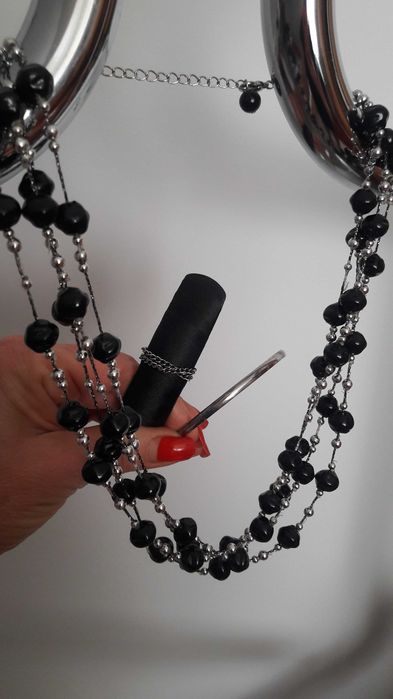 Naszyjnik koraliki czarne srebrne +2 bransoetki