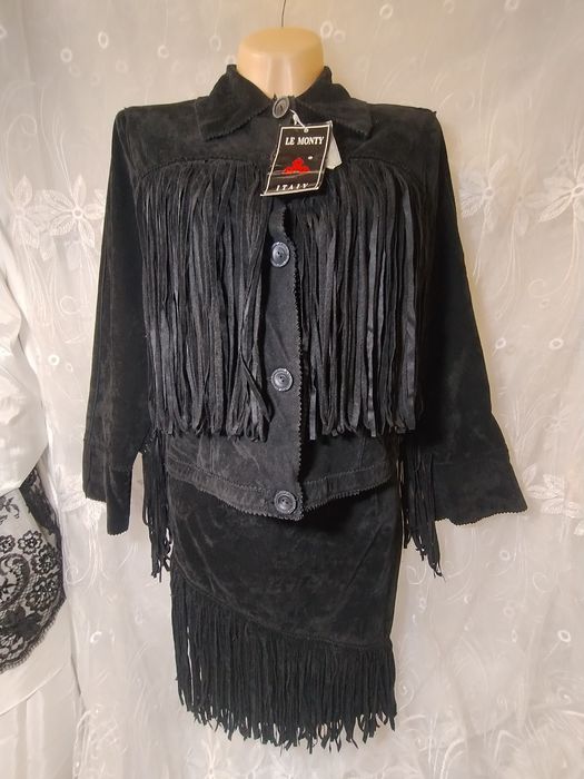 Komplet damski Le Monty Italy zamszowy frędzle czarna marynarka + spódnica boho western