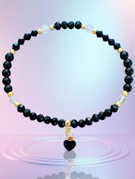 Bransoletka koraliki kryształ górski czarno złota zawieszka serce
