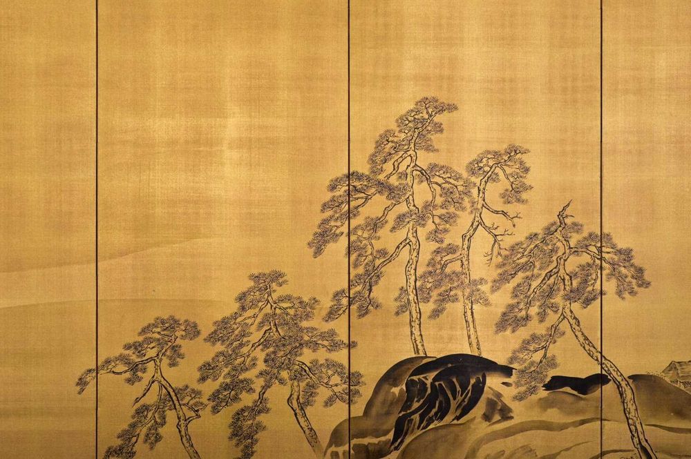 Biombo Japonês com folha de ouro em seda