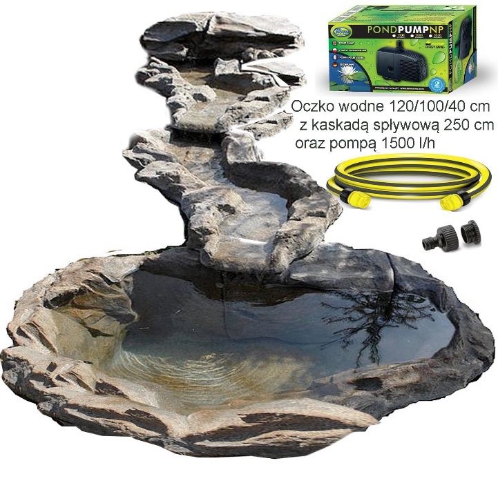 Oczko wodne 120/90/40 cm wyprzedaż z kaskadą wodną 250 cm, pompą