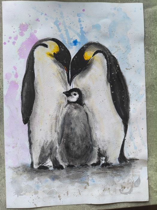 Akwarela Pingwiny Rodzina Prezent Chrzest Dziecko Macierzyństwo 30x42